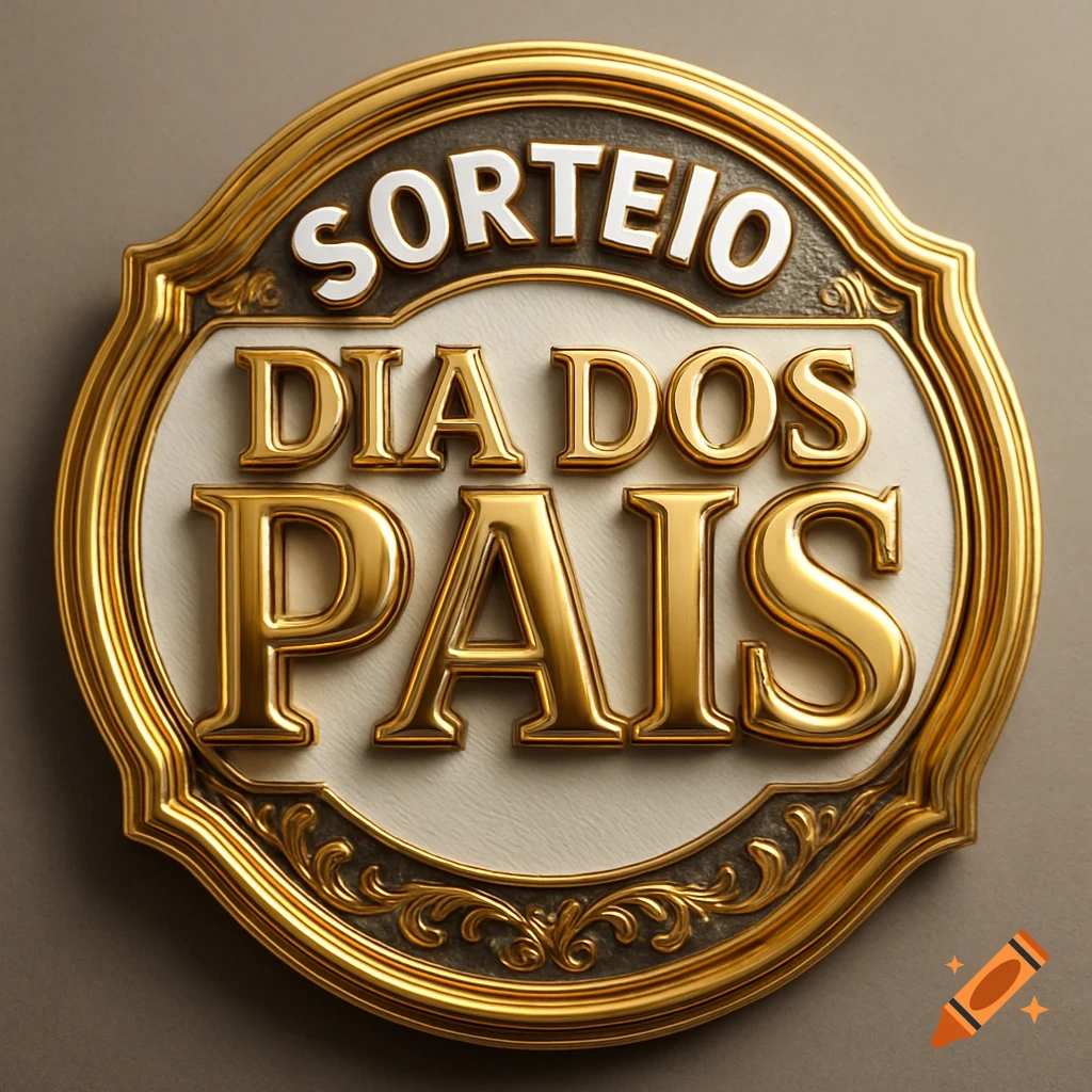 A detailed gold and white ornamental badge with the words 'SORTEIO DIA DOS PAIS' (Father's Day Raffle) in 3D lettering.