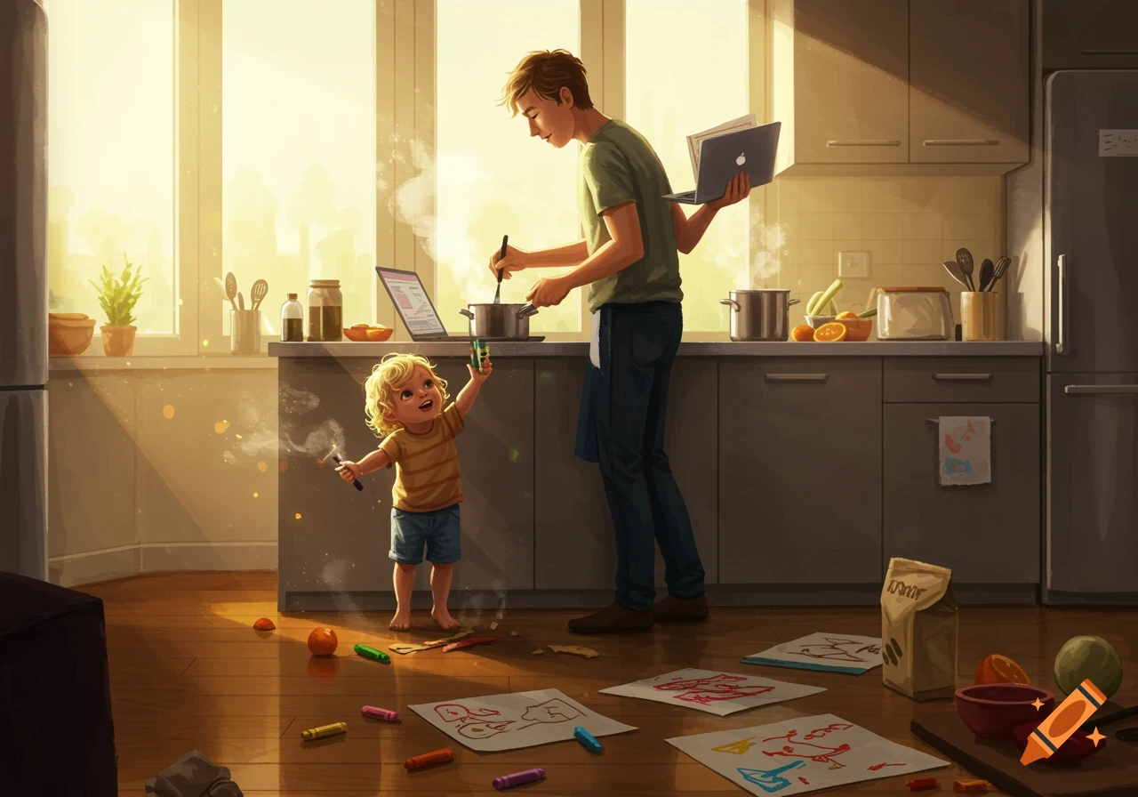 A father works on a laptop and cooks in a sunny kitchen while his young child plays on the floor with crayons and drawings in an illustration style.