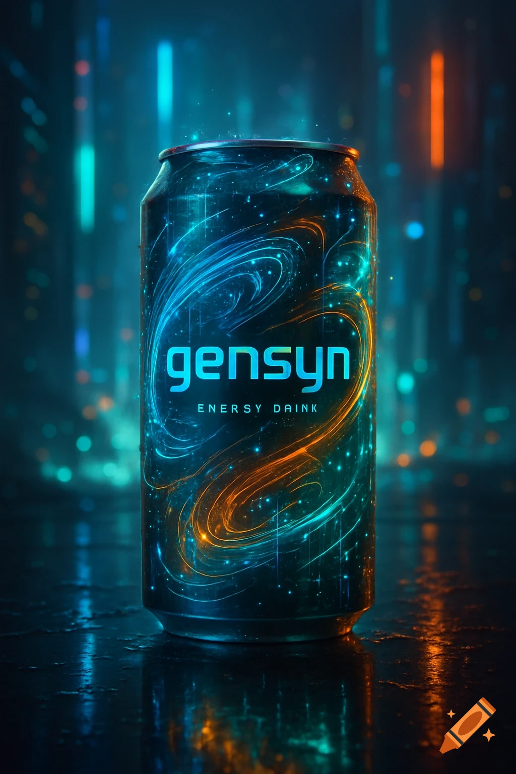 A futuristic energy drink can labeled 'gensyn' with glowing blue and orange swirls on a dark, reflective surface in a neon setting.