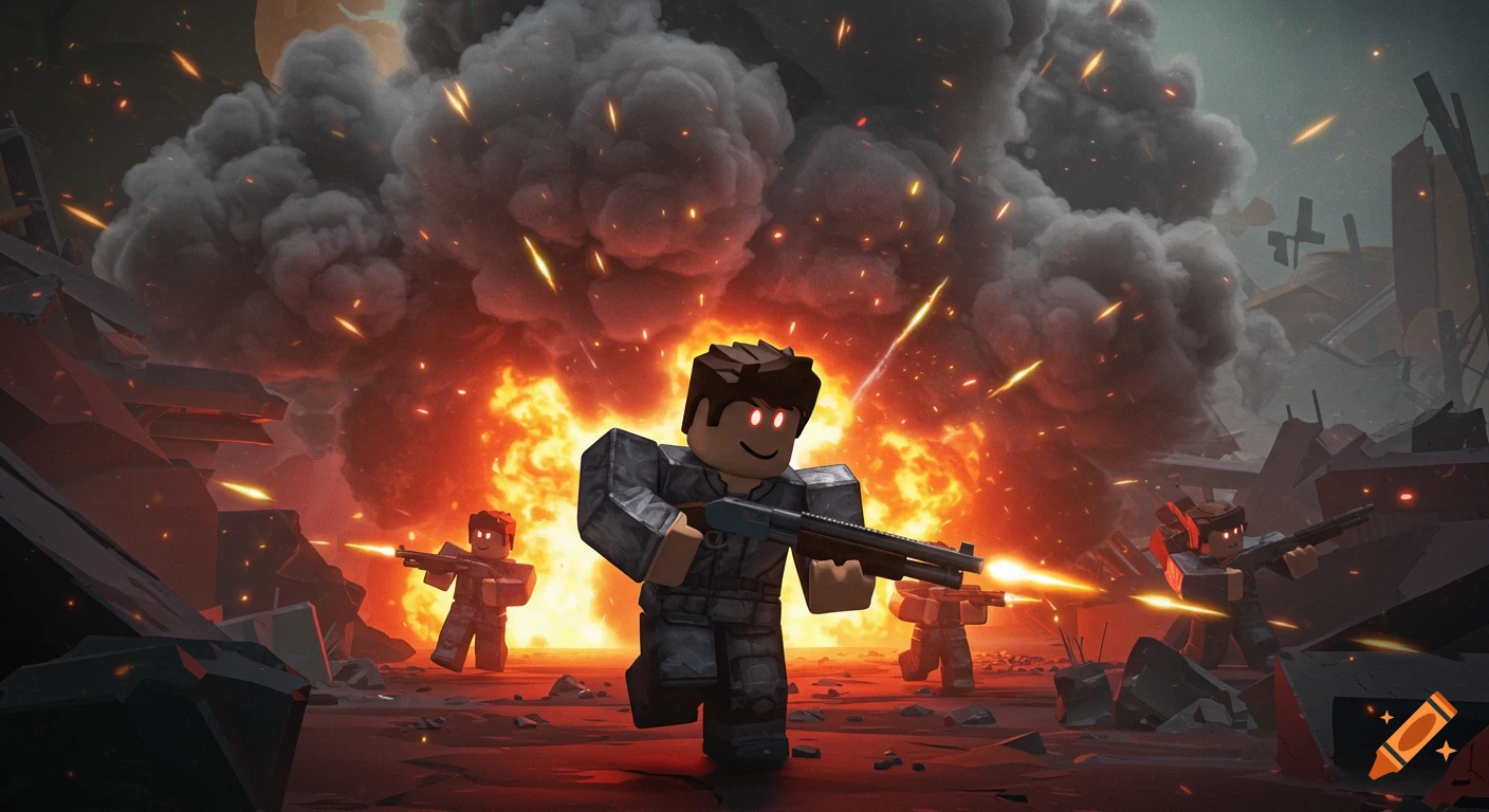 Roblox characters with glowing eyes rush through a destroyed city, firing guns amidst large explosions and smoke.