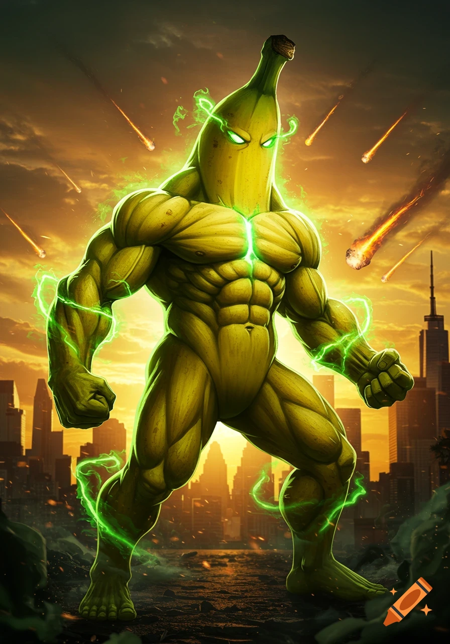 A powerful, green-glowing banana superhero stands in a ruined city under a meteor shower, in a comic art style.
