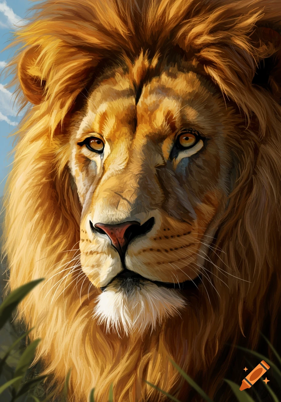 Close-up digital painting of a majestic lion's head with a golden mane, looking directly forward.