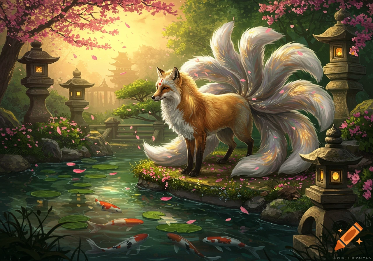 A vibrant nine-tailed kitsune stands in a tranquil Japanese garden with a pond, swimming koi fish, stone lanterns, and pink cherry blossoms.