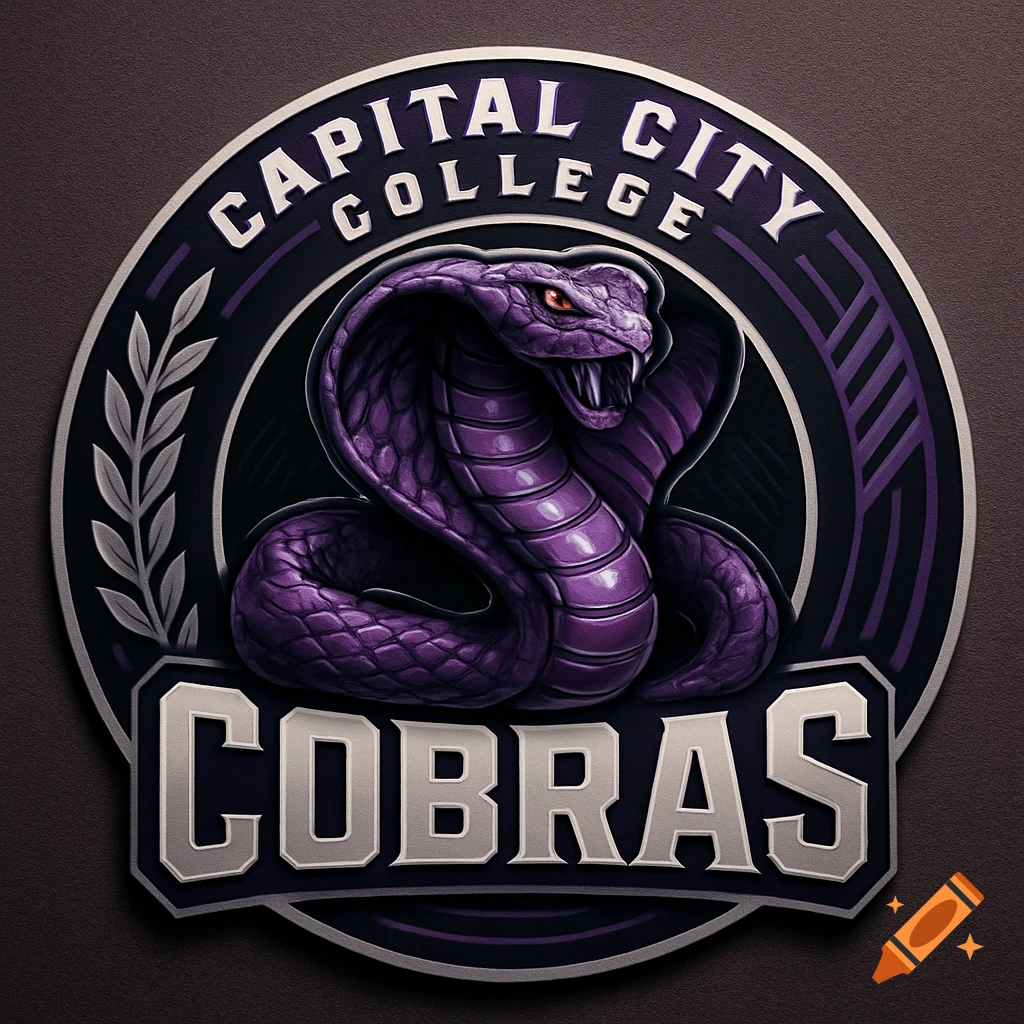 Purple cobra logo for Capital City College Cobras sports team, depicted on a circular badge with text.