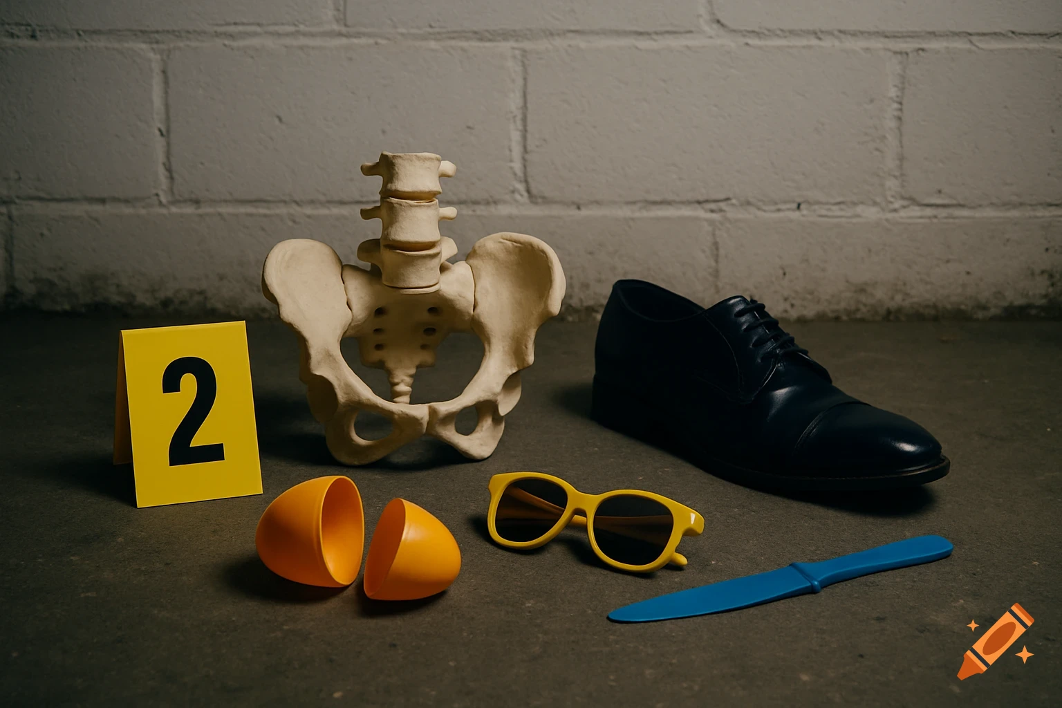A still life of a crime scene with a #2 evidence marker, human pelvis, black shoe, yellow sunglasses, orange plastic egg, and blue plastic knife.