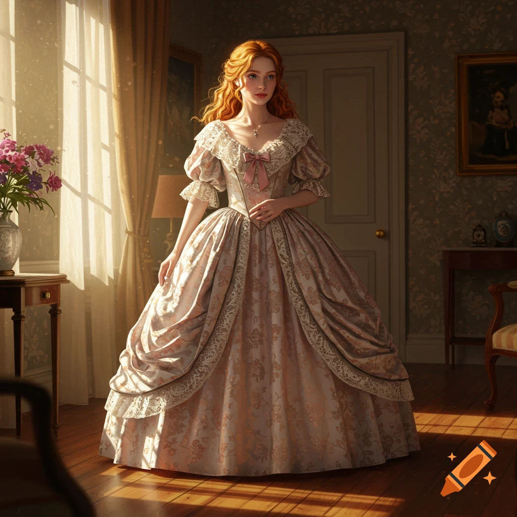 A red-haired woman in an elaborate 1840s gown stands in a sunlit room.