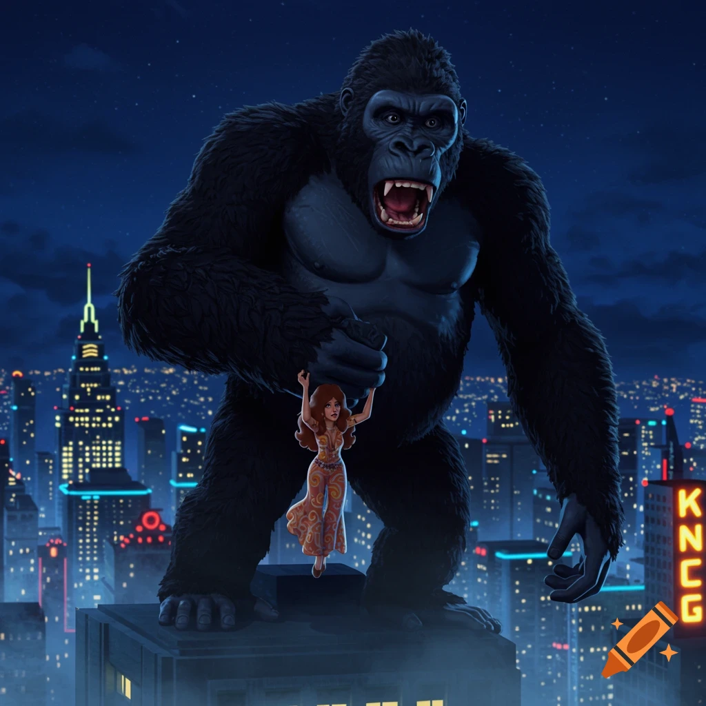 Giant animated King Kong standing on a skyscraper at night, holding a woman in a colorful jumpsuit against a cityscape.