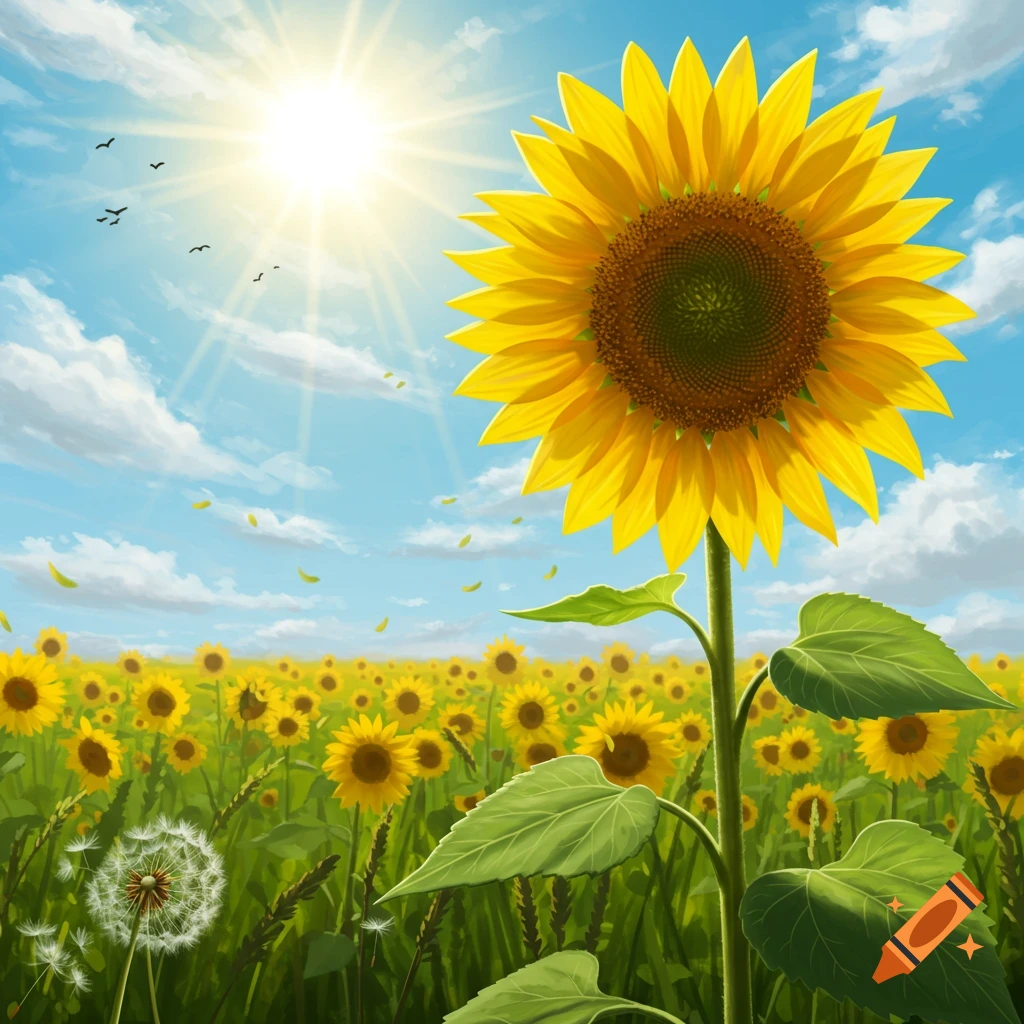 A vibrant field of sunflowers under a bright blue sky with a glowing sun, a large sunflower in the foreground.