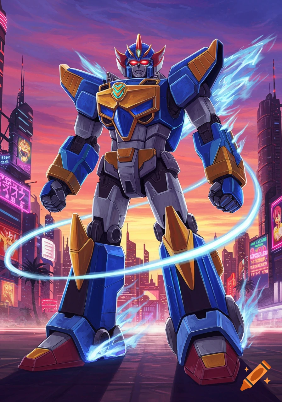A large blue, gold, and grey megazord robot stands in a neon-lit futuristic city with a sunset sky, surrounded by blue energy.