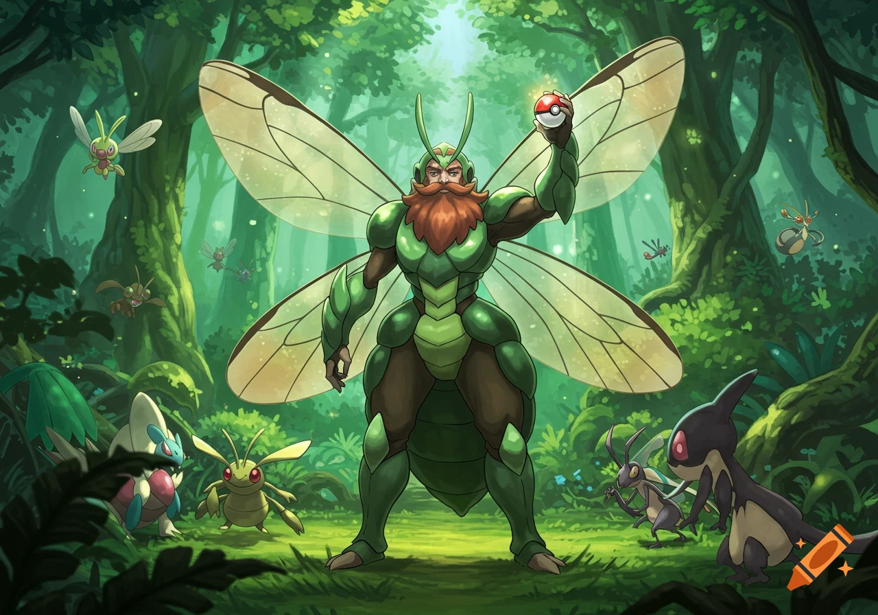 Bearded bug-type Pokémon gym leader in green armor holds a Poké Ball surrounded by Pokémon in a forest.