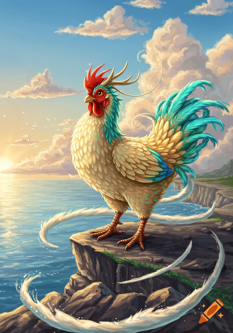 A majestic golden and turquoise fantasy rooster with antlers and wispy tails stands on a cliff overlooking a sunset ocean in a vibrant illustration.