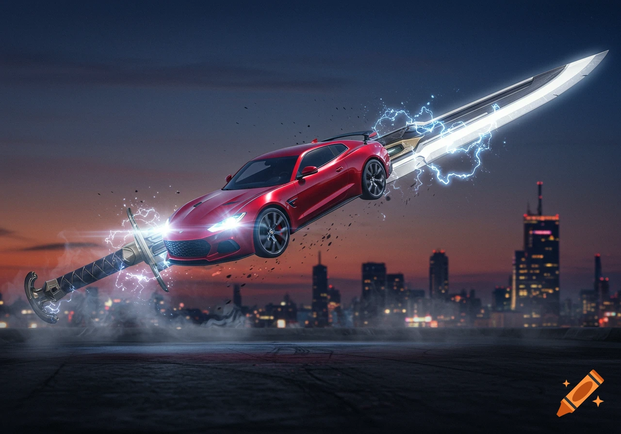 A red sports car fused with a large, glowing futuristic sword, emitting electricity, flying over a city at dusk.