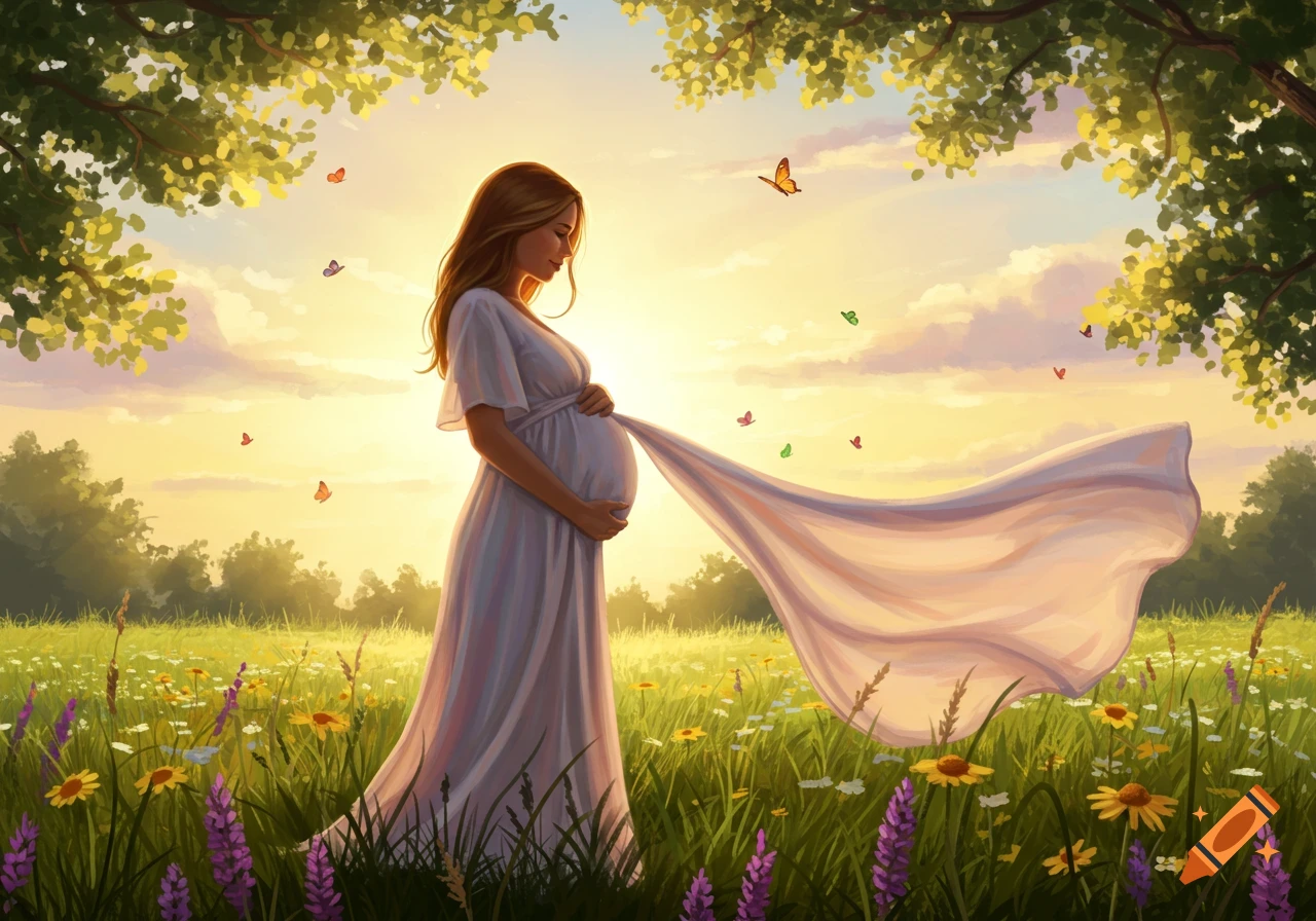 A pregnant woman in a white dress stands in a wildflower field at sunset, cradling her belly, with butterflies fluttering.