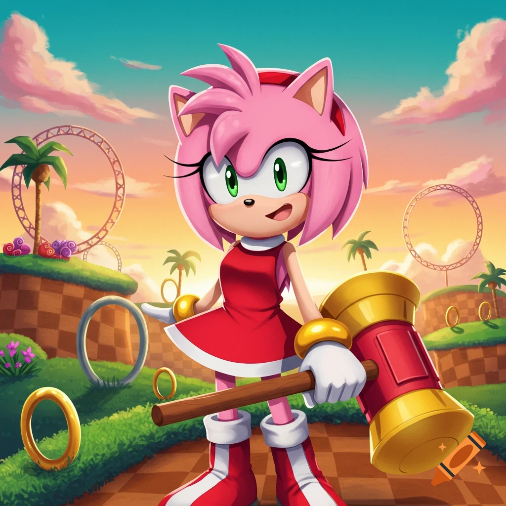 Amy Rose, a pink hedgehog, holding her Piko Piko Hammer in a vibrant Sonic game landscape with golden rings and palm trees at sunset.