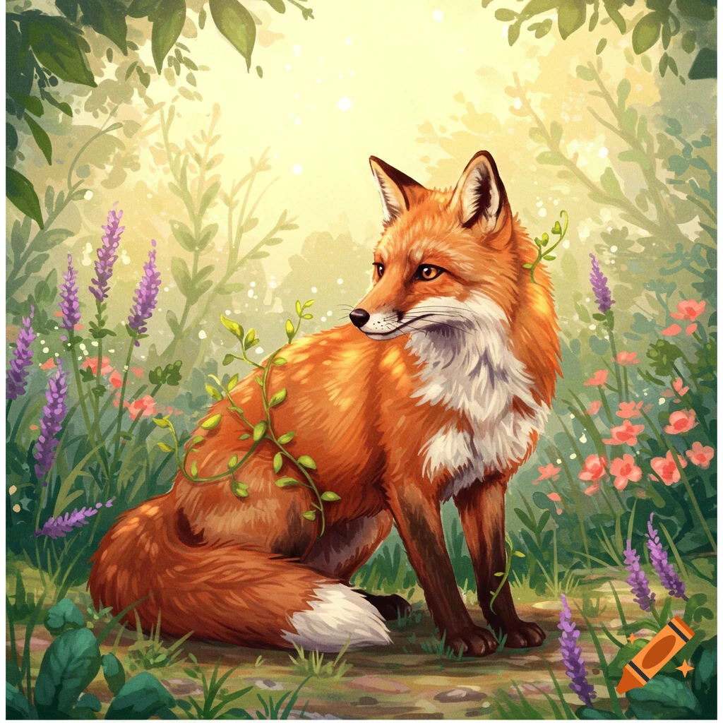 An illustrative drawing of an orange fox with white fur sitting in a sun-dappled forest among purple and pink flowers.