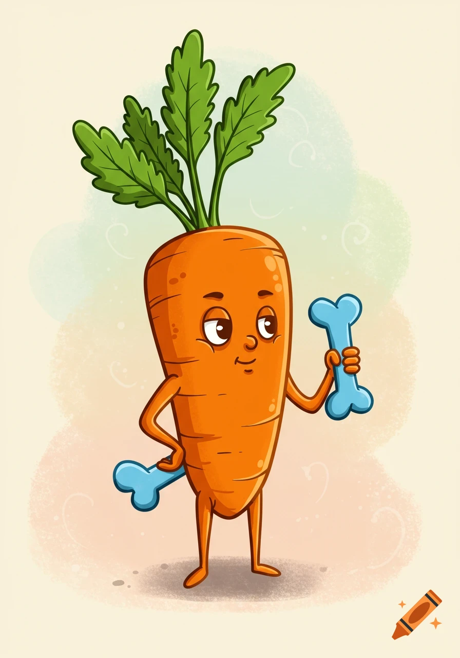 A cheerful cartoon carrot stands holding two blue dog bones, one in each hand.