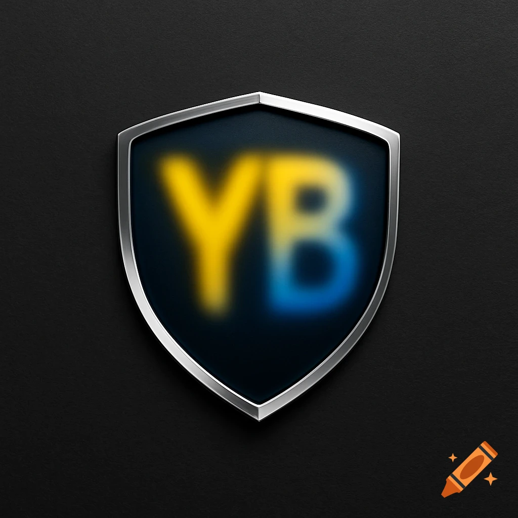 Shield logo featuring blurred yellow Y and blue B letters on a dark textured background.
