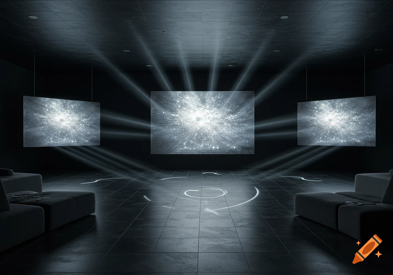 Dark room with tiled floor, sofas, and three glowing screens displaying abstract starburst patterns, with light beams reflecting on the floor.