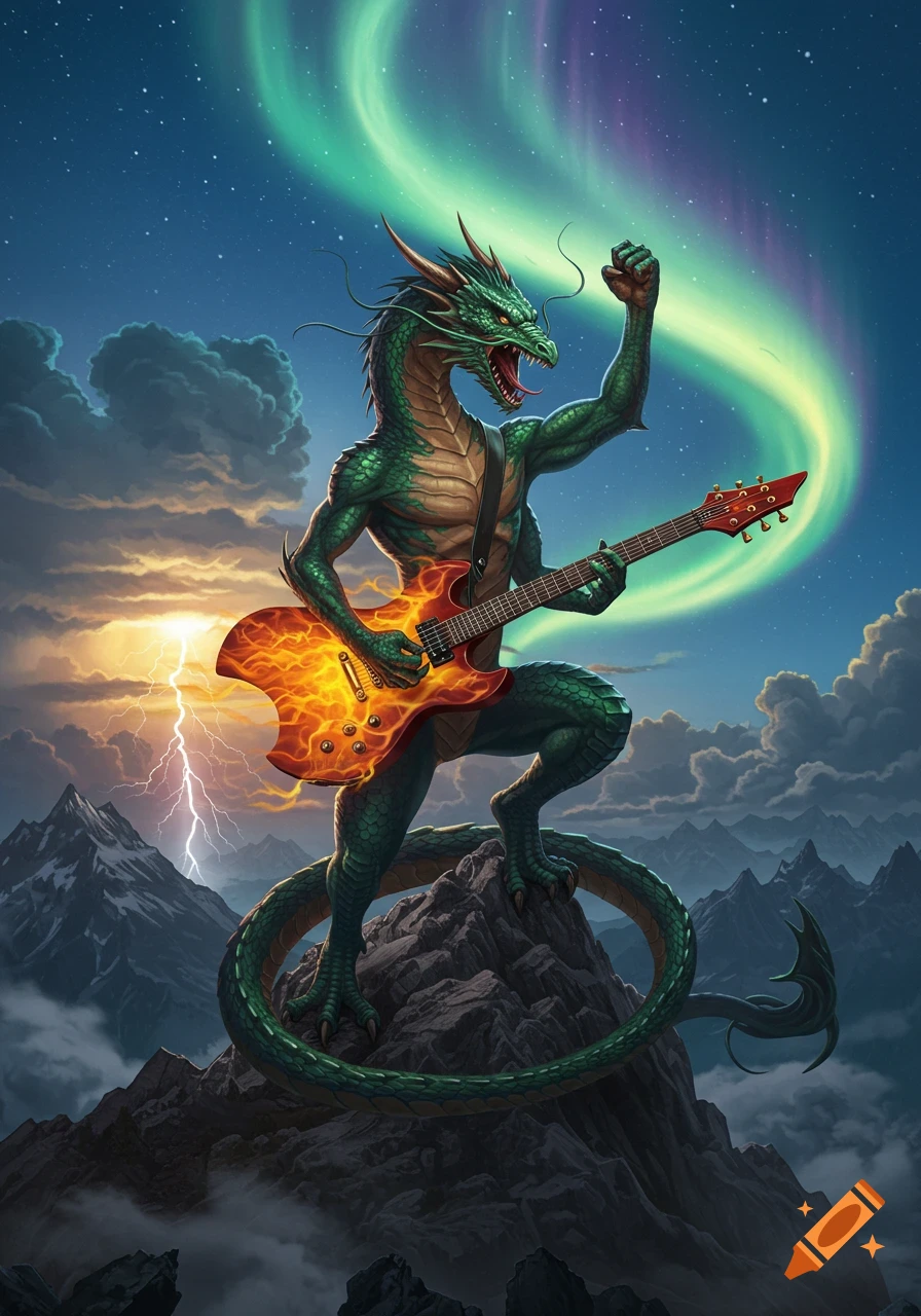 A green dragon with a flaming electric guitar stands on a mountain peak under a night sky with aurora borealis and lightning, fist raised.