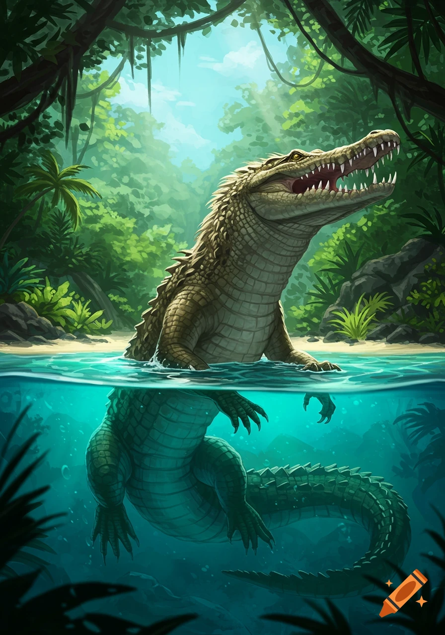 A stylized illustration of a crocodile with its head above water and its body submerged in clear blue-green water in a vibrant jungle setting with lush foliage.