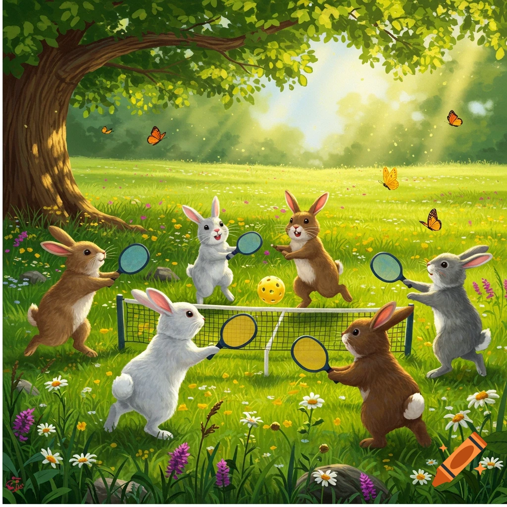 Cartoon rabbits play pickleball in a sunny, green field with a large tree and butterflies.