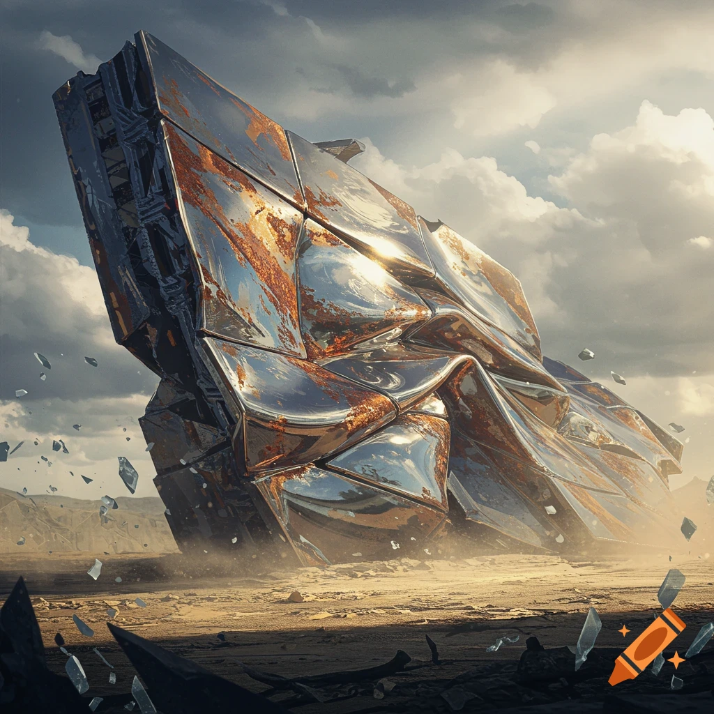 Photorealistic disfigured metallic structure, rusted and reflective, stands in a desolate desert with scattered debris under a cloudy sky.