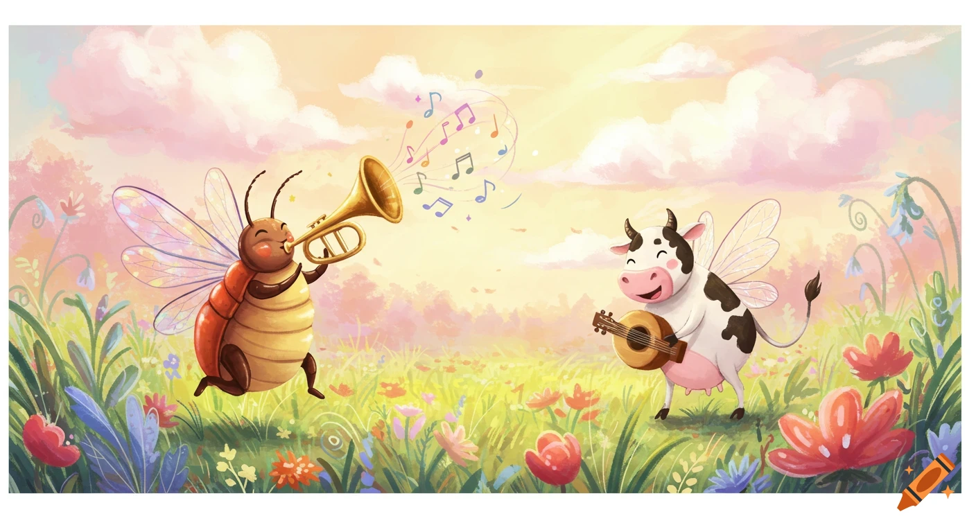 A whimsical cartoon bug plays a trumpet and a winged cow plays a guitar in a vibrant, flowery meadow under a pastel sky.