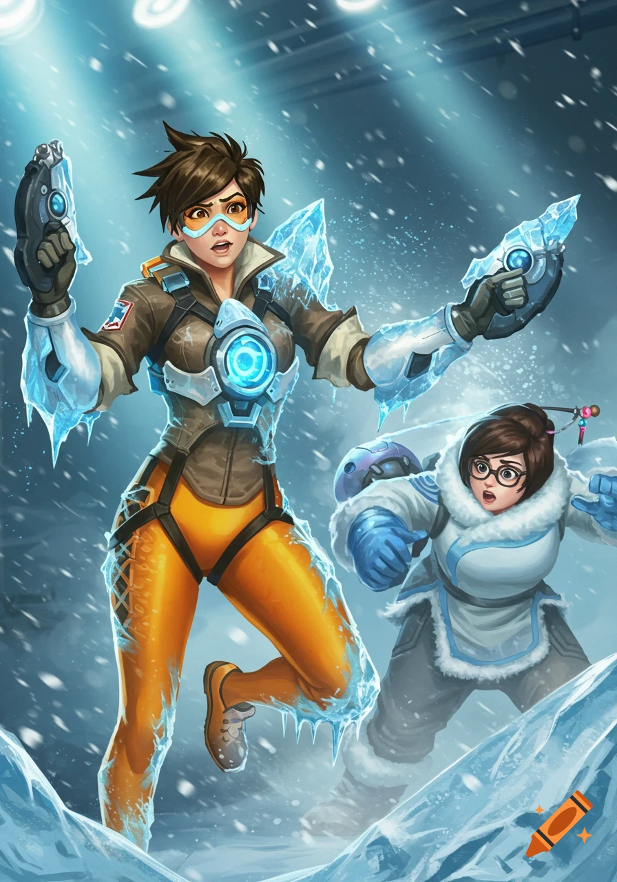 Digital illustration of Tracer from Overwatch, partially encased in ice, holding her pistols, with Mei in a snowy background.