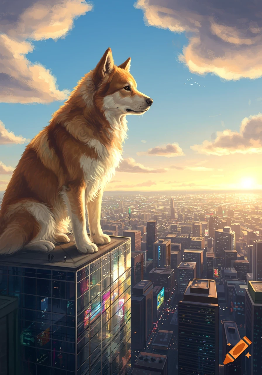 A giant dog sits on a skyscraper rooftop, overlooking a vast city during a vibrant sunrise in a painted style.