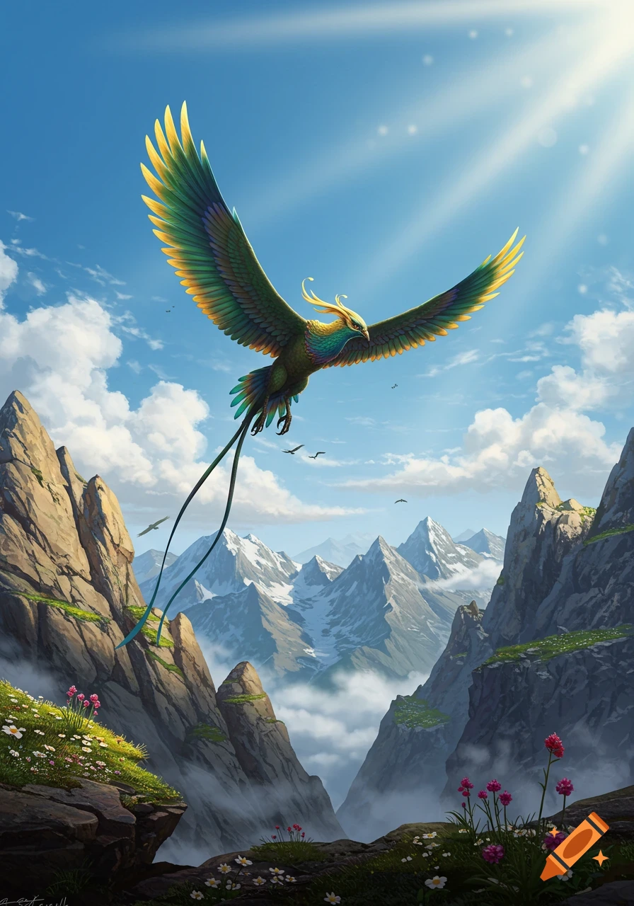 A majestic, colorful mythical bird soars over a grand mountain range with snowy peaks and mist, under a bright blue sky.