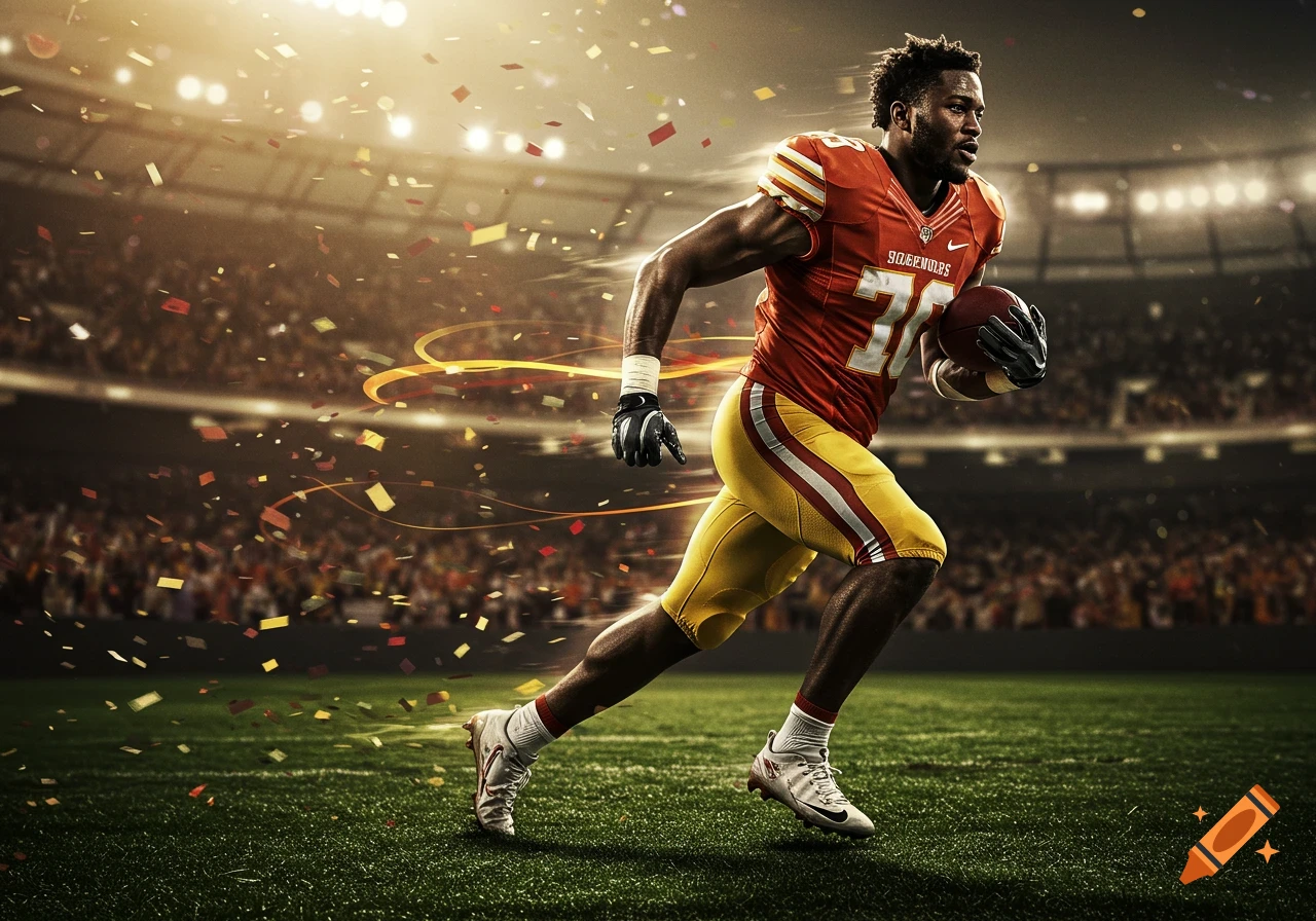 Dynamic photorealistic shot of an American football player in an orange and yellow uniform running with the ball in a stadium filled with cheering fans and falling confetti.