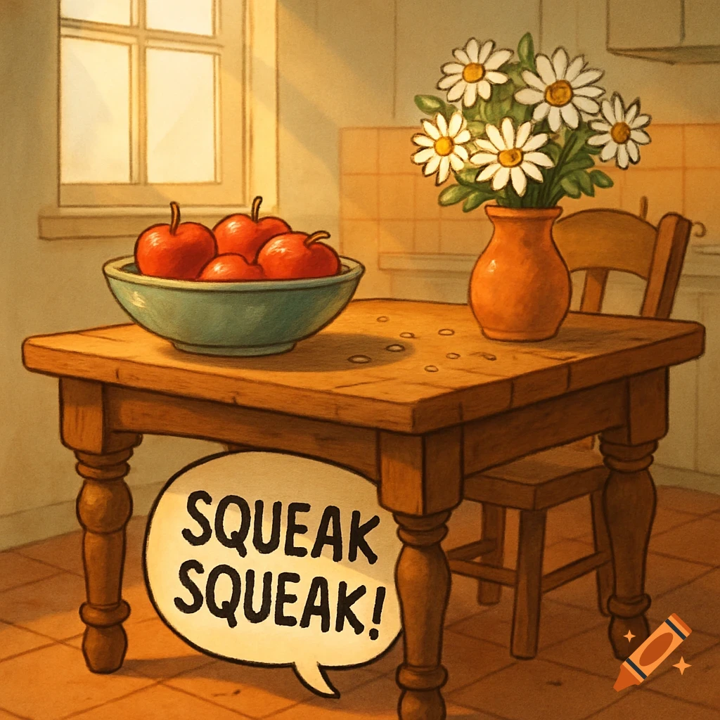 Cartoon illustration of a wooden kitchen table with red apples, daisy flowers, and a 'SQUEAK SQUEAK!' speech bubble.