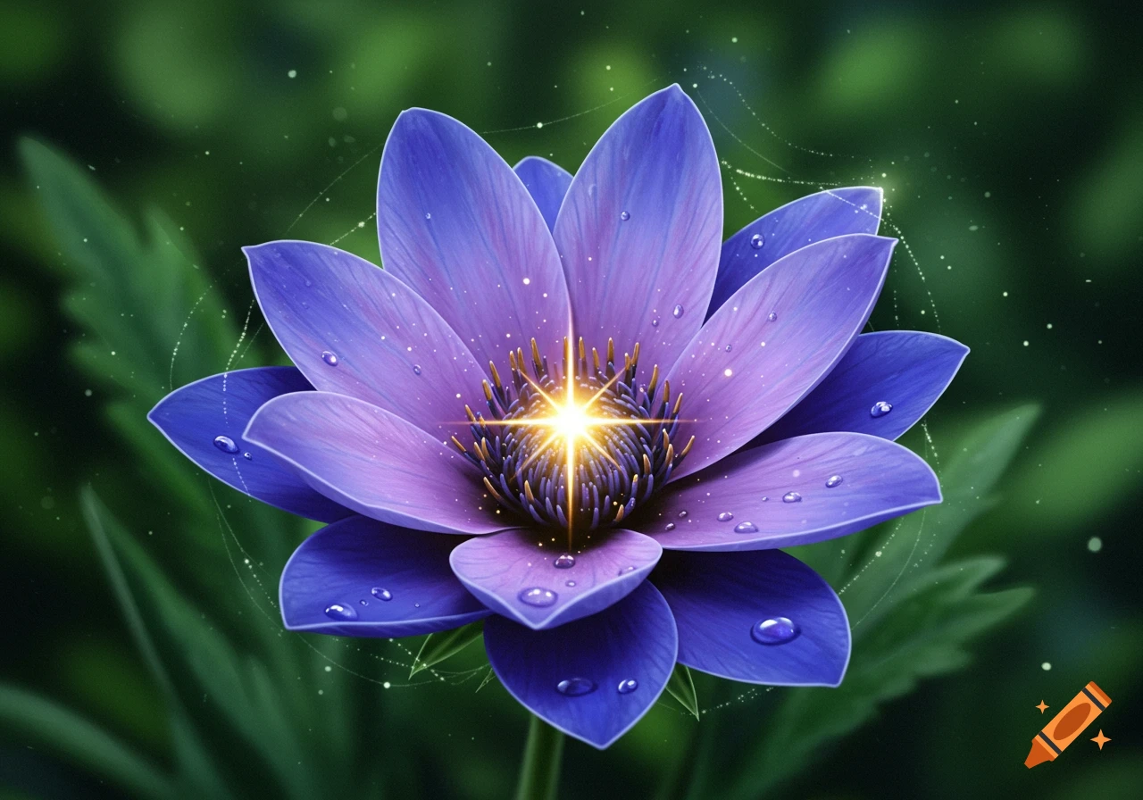 A vibrant purple flower with glistening water droplets and a bright golden star at its center, against a blurred green background.