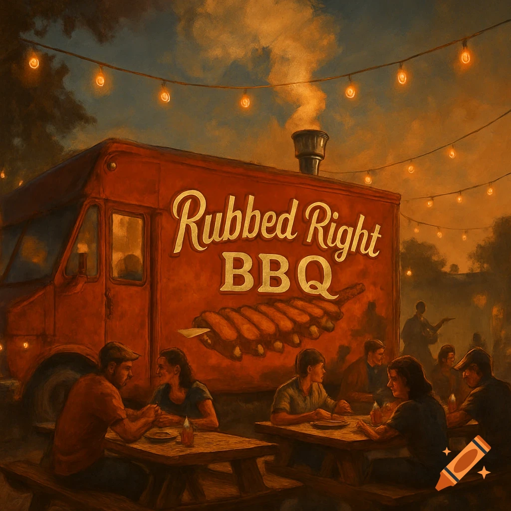 Painterly scene of people dining at picnic tables outside a red 'Rubbed Right BBQ' food truck at night, lit by string lights.