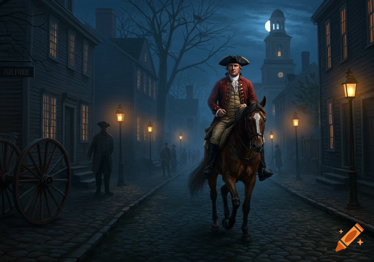A man in colonial attire rides a horse down a cobblestone street at night, illuminated by lampposts in an oil painting style.