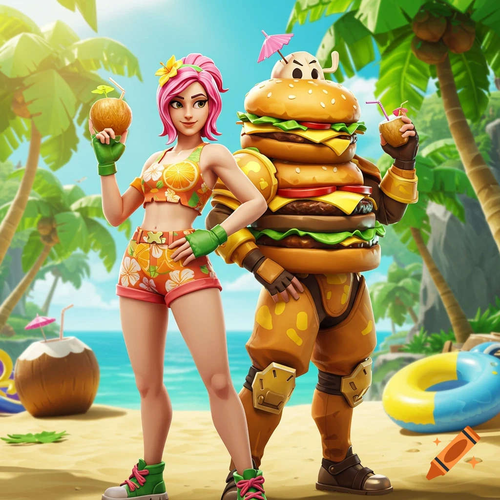 A stylized pink-haired woman in a summer outfit and a burger-suited character pose on a sunny tropical beach, each holding a coconut drink.