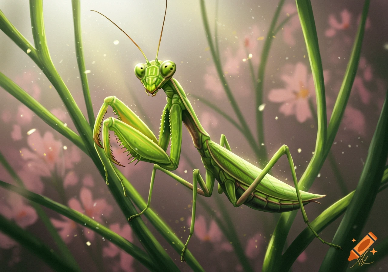Detailed illustration of a green praying mantis perched on green stalks, with soft pink flowers and glowing light in the background.