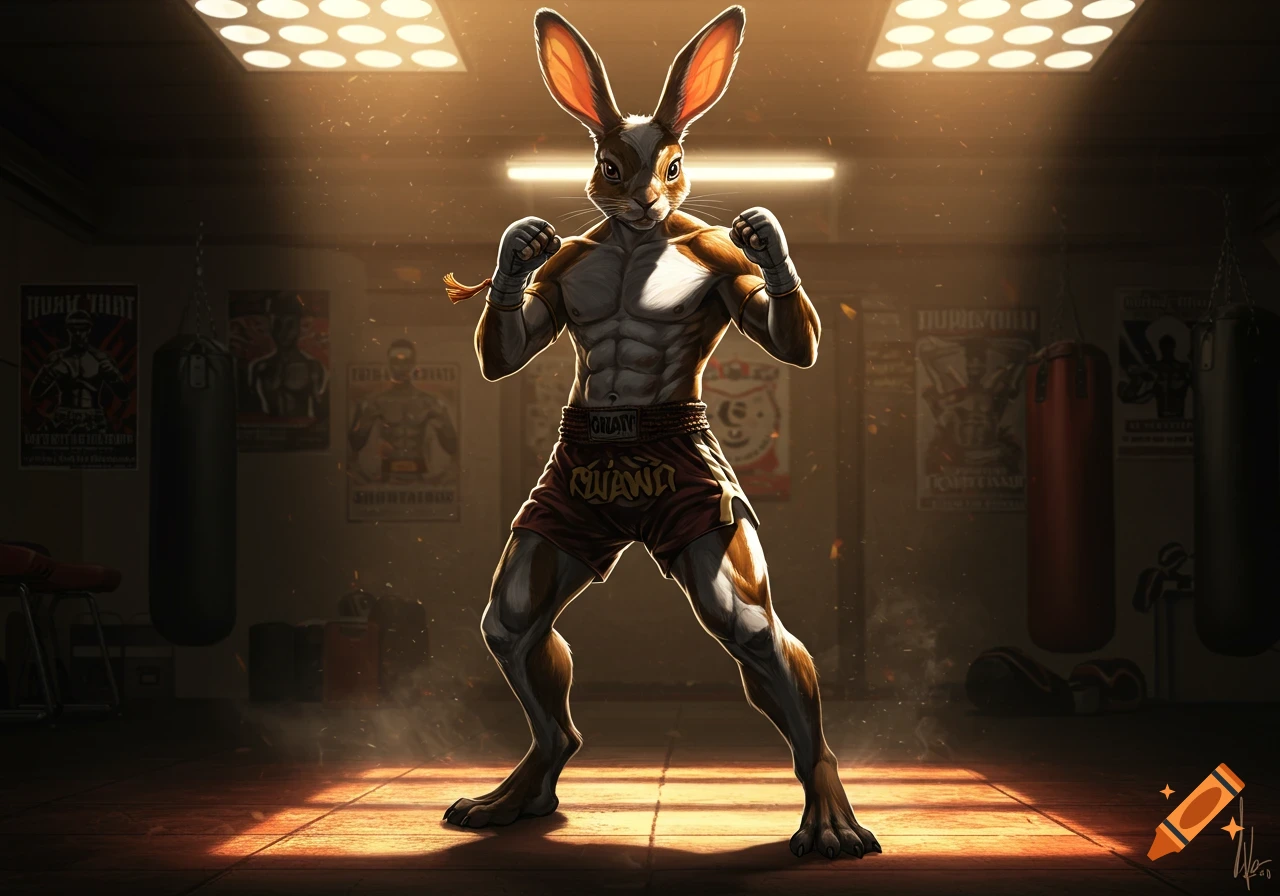A muscular anthropomorphic rabbit in a Muay Thai pose stands in a dimly lit boxing gym with punching bags and posters, rendered in digital art.