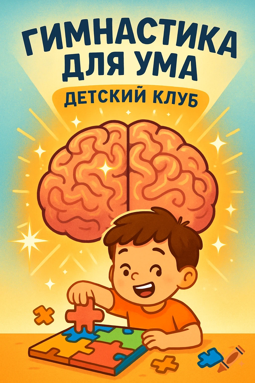 A happy cartoon child solving a puzzle with a glowing brain above, on a vibrant poster for a children's club.