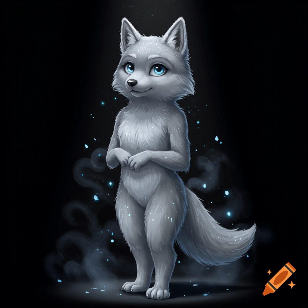 Cute gray anthropomorphic wolf with large blue eyes stands against a dark background with glowing blue dust.