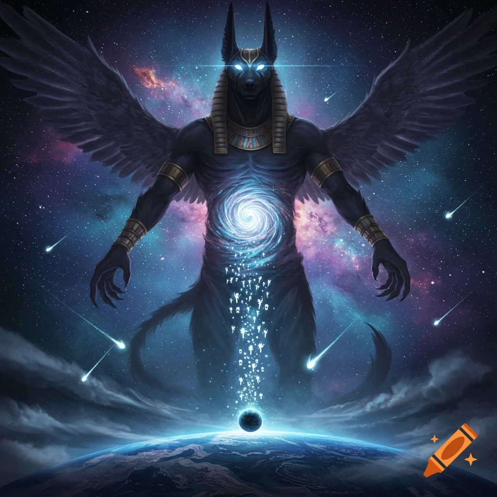 Giant winged Anubis-like god with glowing eyes and a celestial vortex in its chest, drawing tiny figures from Earth into space.