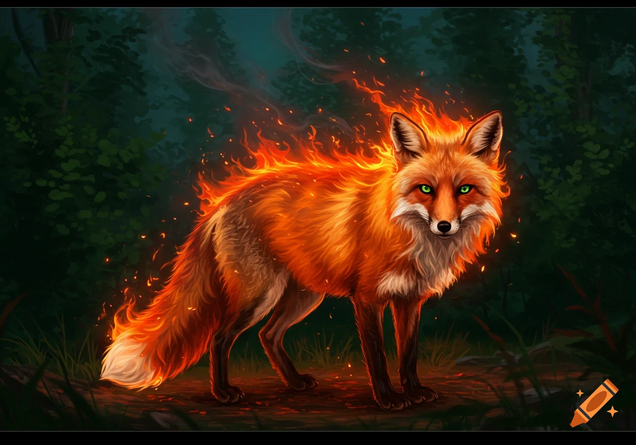 A vibrant orange fox with glowing green eyes, engulfed in flames, stands in a dark forest. Digital art.