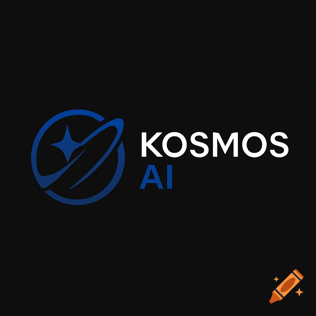 A sleek, modern logo for "KOSMOS AI" featuring a blue star and orbital lines on a dark background.
