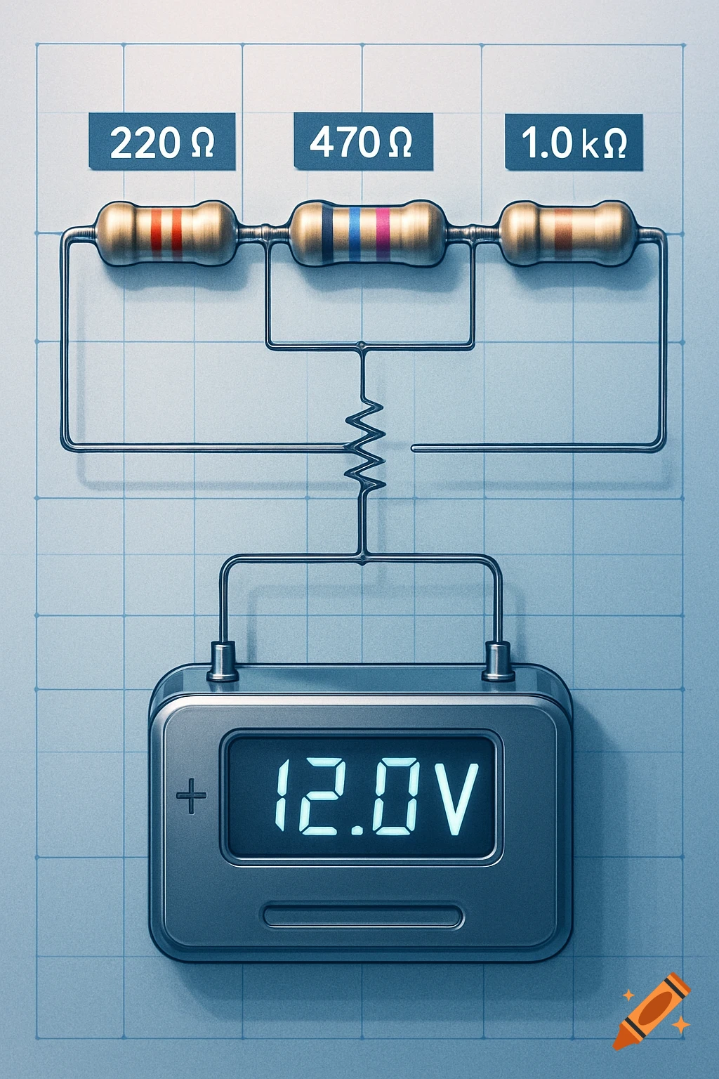 A detailed circuit diagram illustration showing three resistors in parallel with a 12.0V power source on a grid background.
