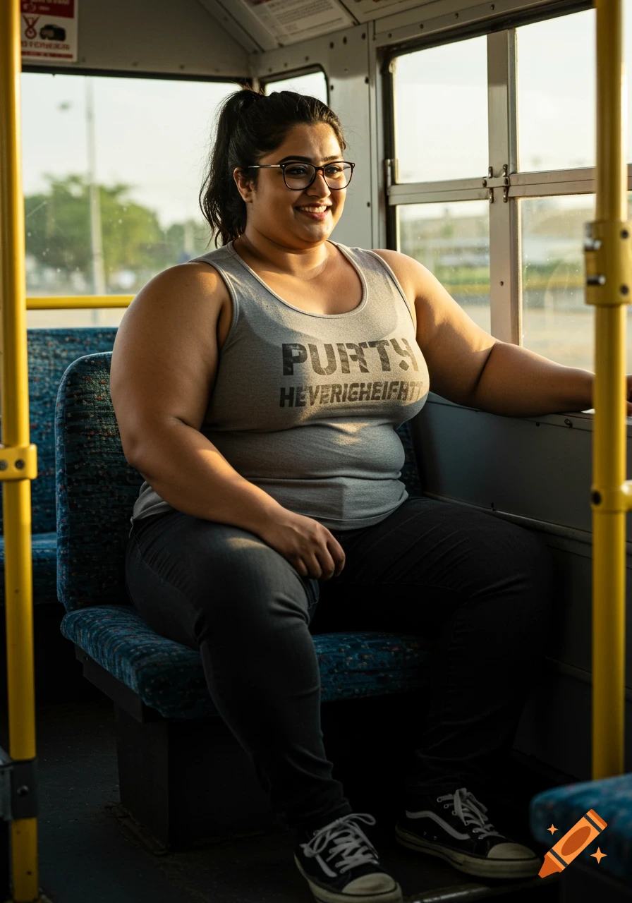 A smiling plus-sized South Asian woman with glasses and a ponytail sits in a grey tank top and black jeans on a city bus.