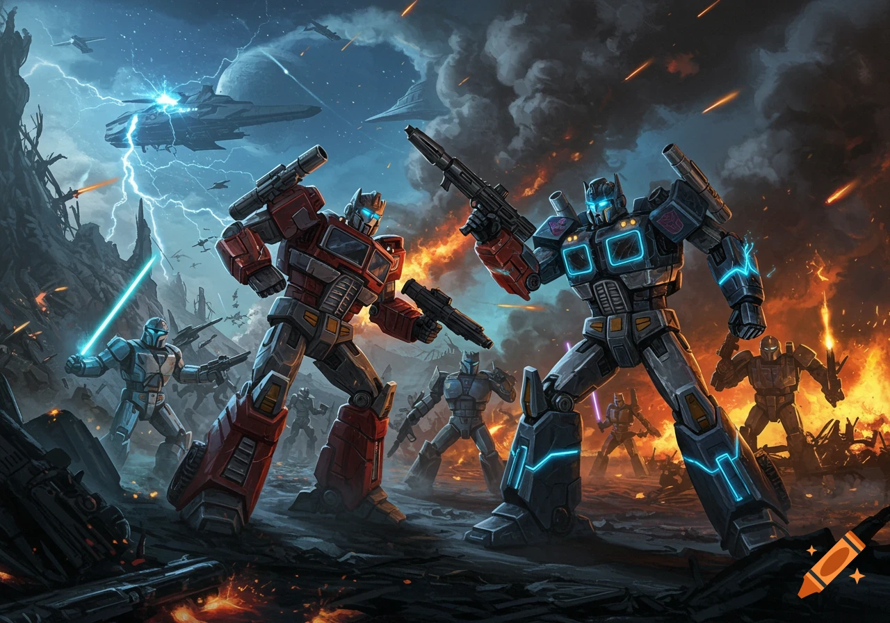 Dynamic battle scene featuring two large Transformers robots, one red and one blue, fighting with weapons amidst explosions and futuristic ships.