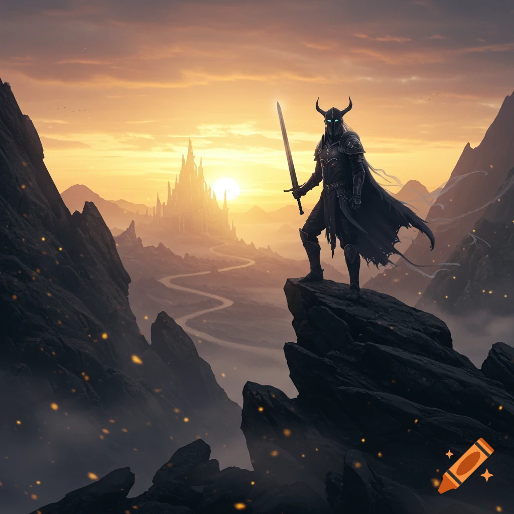 Armored dark knight with a glowing sword stands on a mountain cliff overlooking a winding path to a distant castle at sunset in a fantasy landscape.