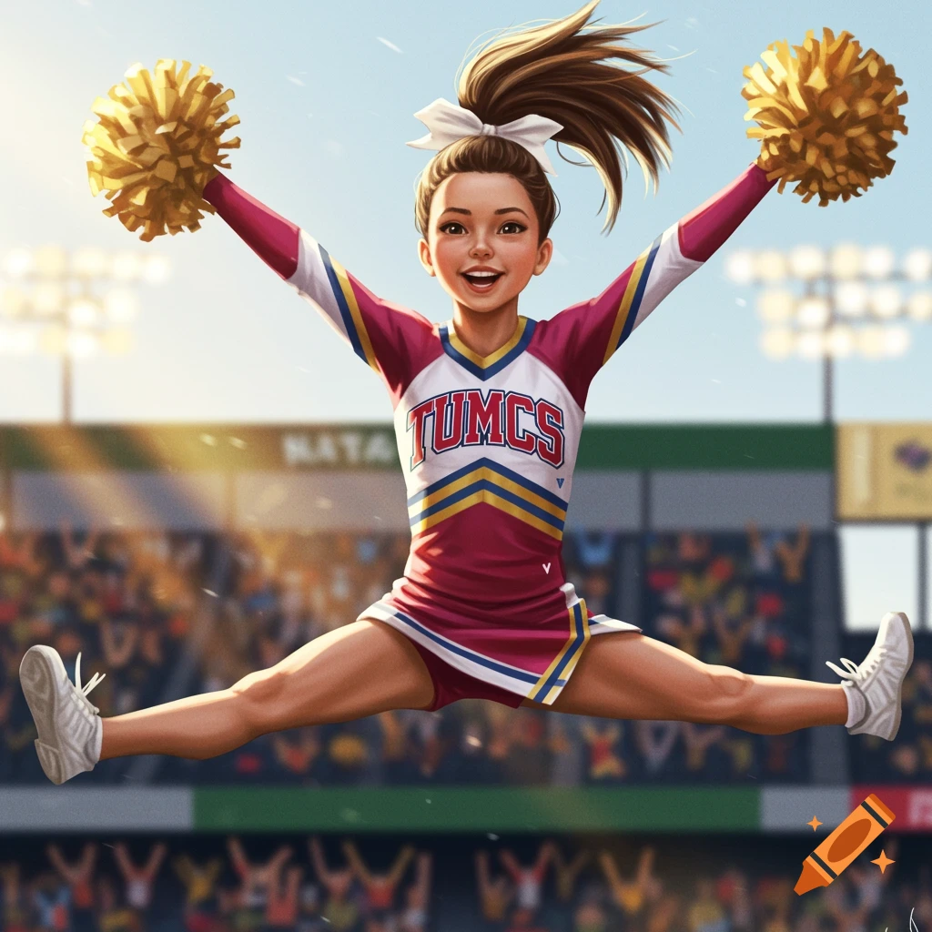Digital art of a smiling cheerleader in a red uniform jumping in a split with pom-poms in a stadium on a sunny day.