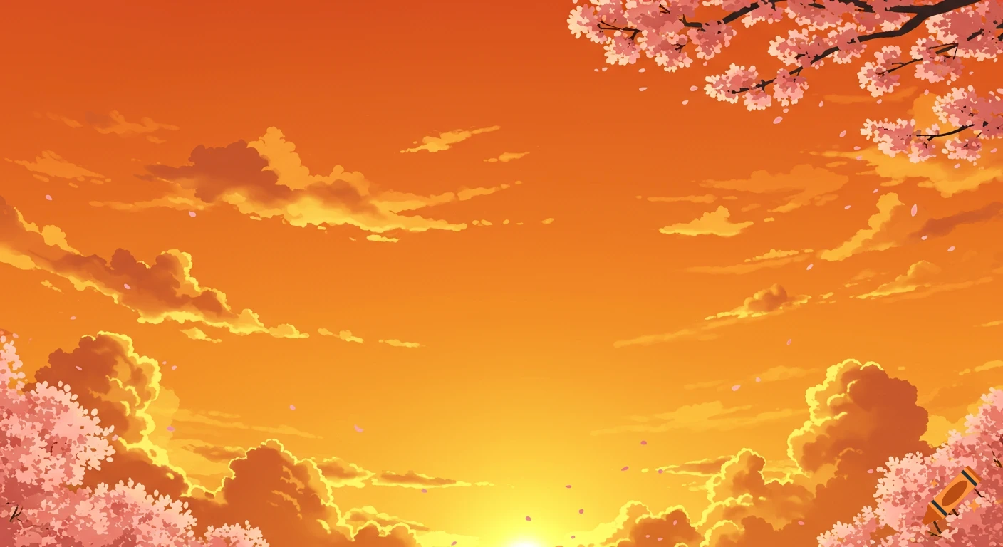 Anime style sunset sky with orange clouds and pink cherry blossoms on branches.