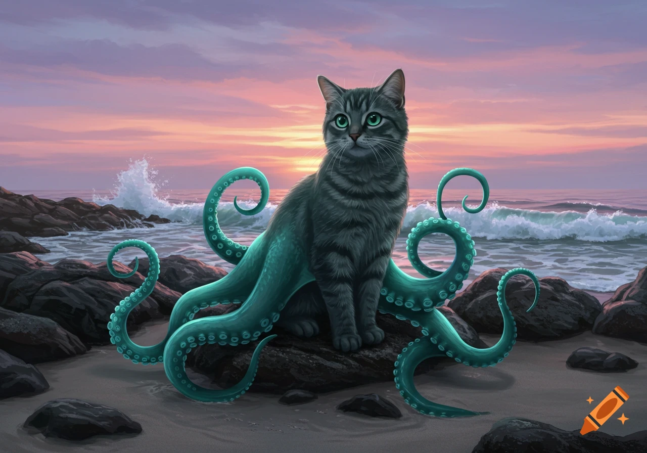 A tabby cat with green eyes and teal octopus tentacles sits on a rocky beach with waves crashing under a pink and purple sunset, digital art.